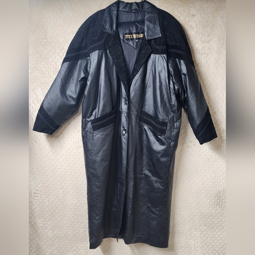 Vintage Long Genuine Black Leather Jacket Trench Coat Paisley Accents Details